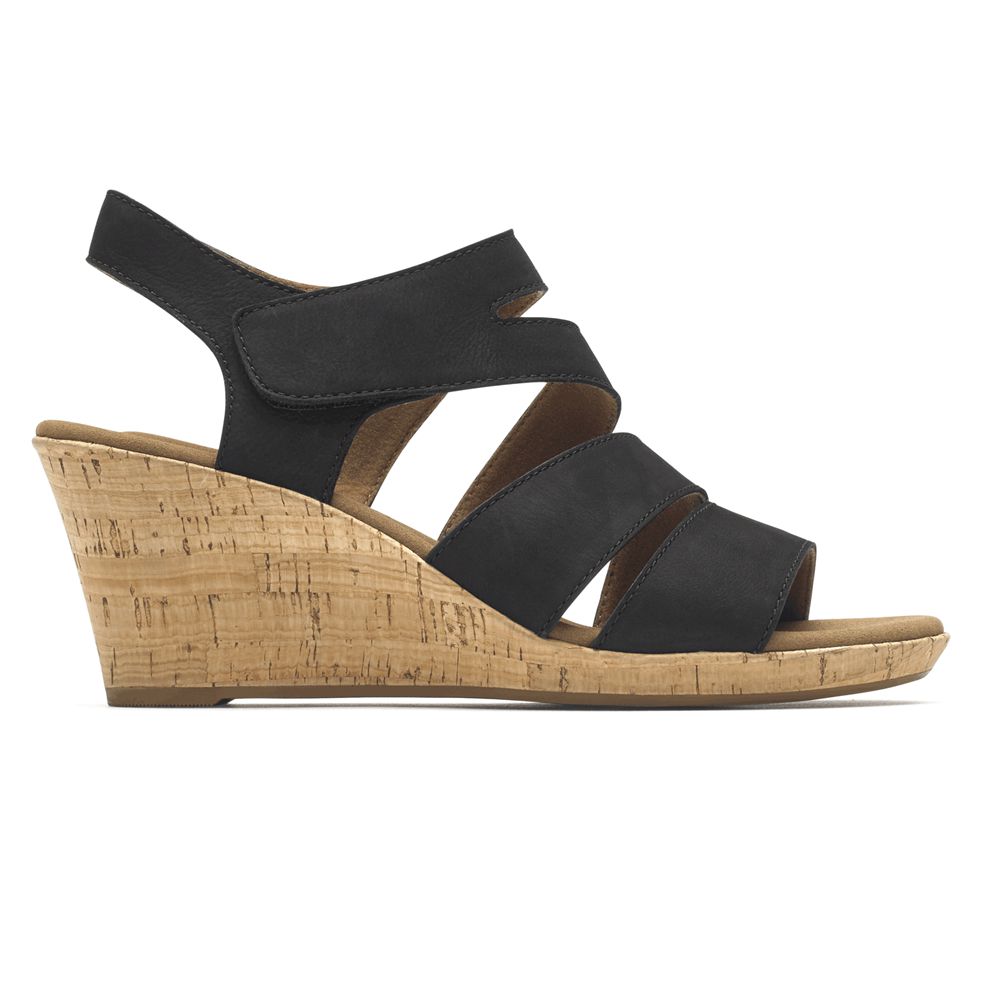 Sandálias De Cunha Mulher Rockport Briah Strappy Conforto Pretas,Portugal FBLWS-5639